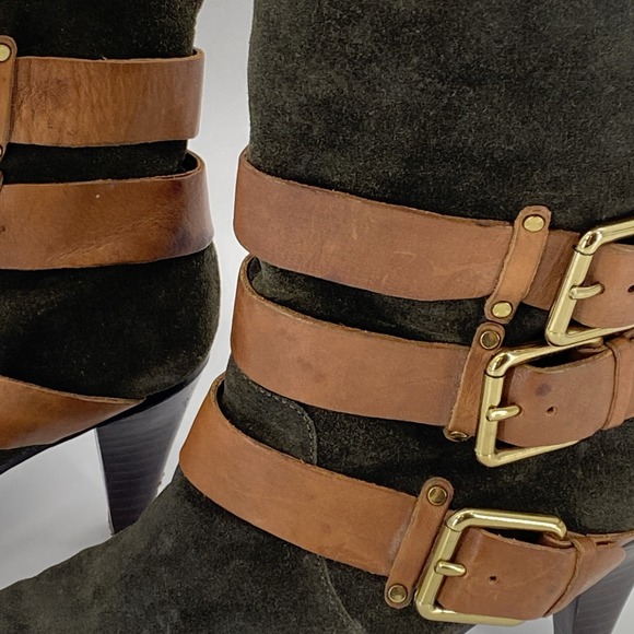Rebecca Minkoff Dark Olive Green Suede w Buckle Bliss Boots Size 7.5M - Picture 6 of 11